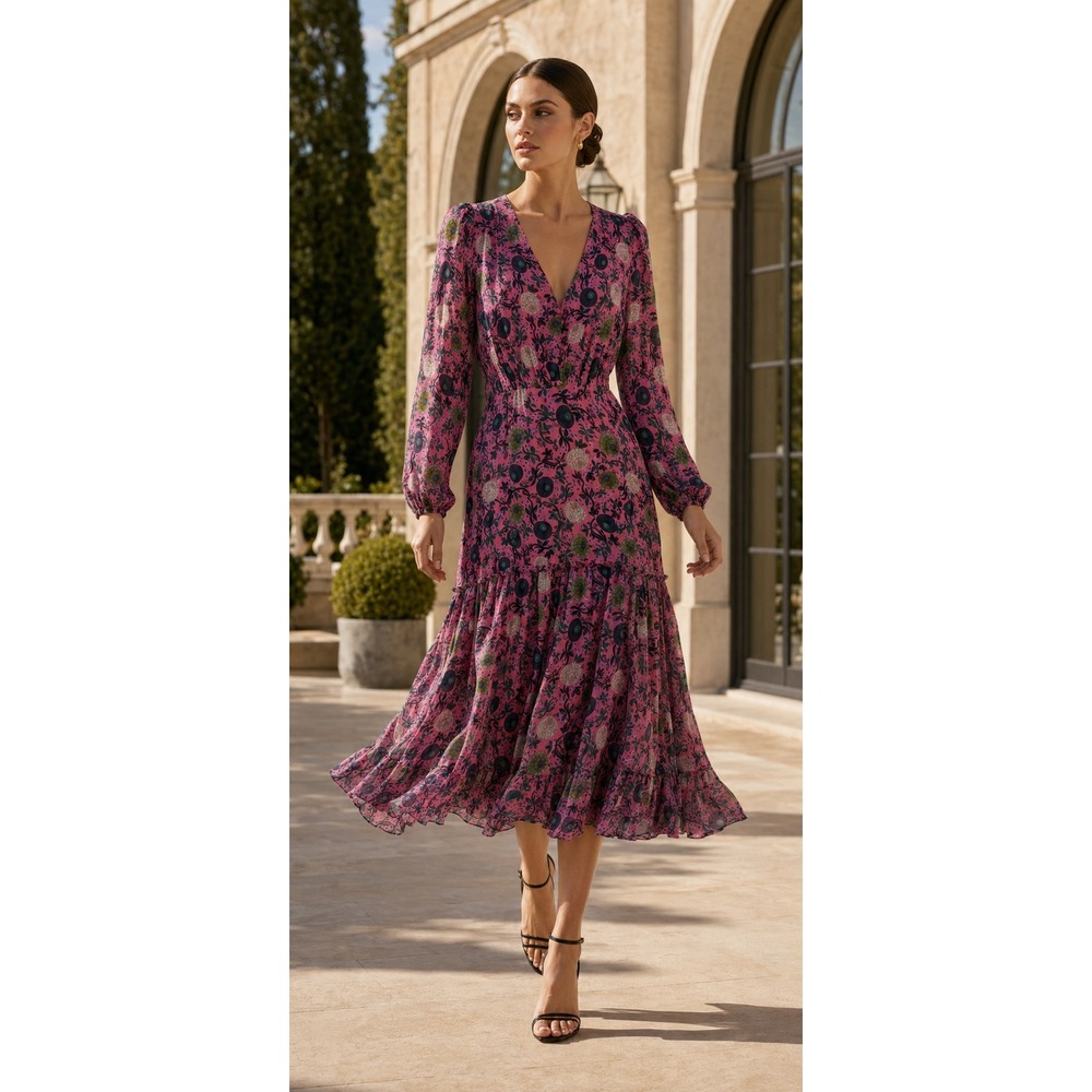 Saloni Devon‎ Floral Silk Georgette Midi Dress Pink Size 12